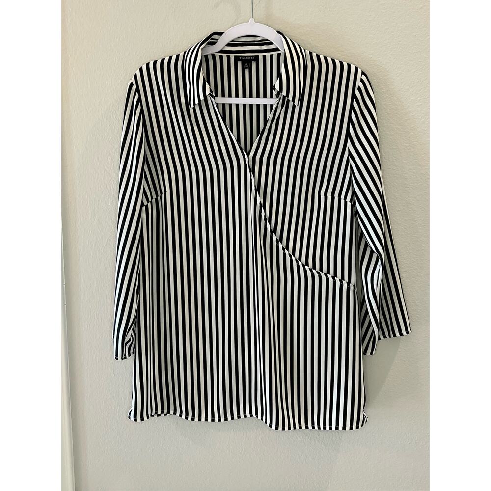 Talbots Black White Stripe Faux Wrap Blouse Collar Shirt 3/4 Sleeve Size M